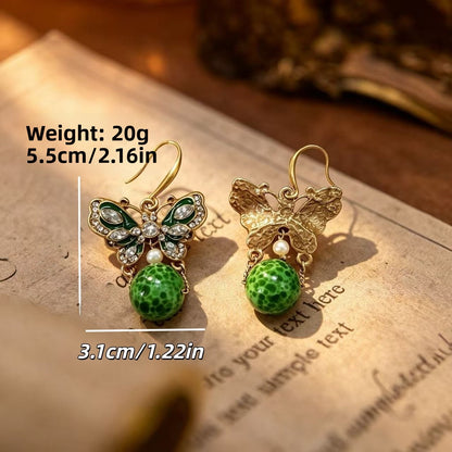 Retro Butterfly Ear Hook For Unisex Featuring Green Enamel And Zinc Alloy Material