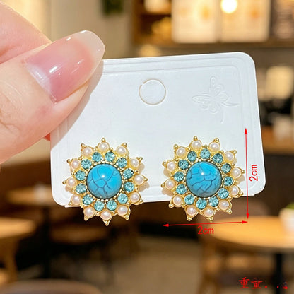 Bohemian Sun Stud Earrings For Women In Gold With Turquoise Inlay, Made Of Zinc Alloy