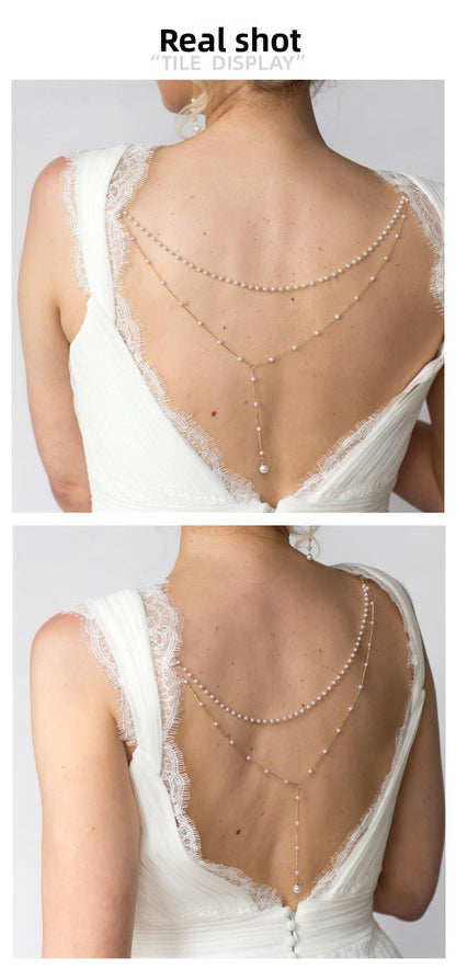 Silver Tassel Body Chain For Women With Imitation Pearl And White Crystal Inlay Featuring Pearl Pattern