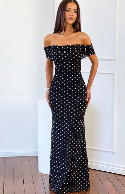 Sexy Sleeveless Mesh Dress With Polka Dots And Boat Neck, Casual Style In Polyester Fabric