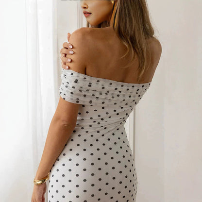 Sexy Sleeveless Mesh Dress With Polka Dots And Boat Neck, Casual Style In Polyester Fabric