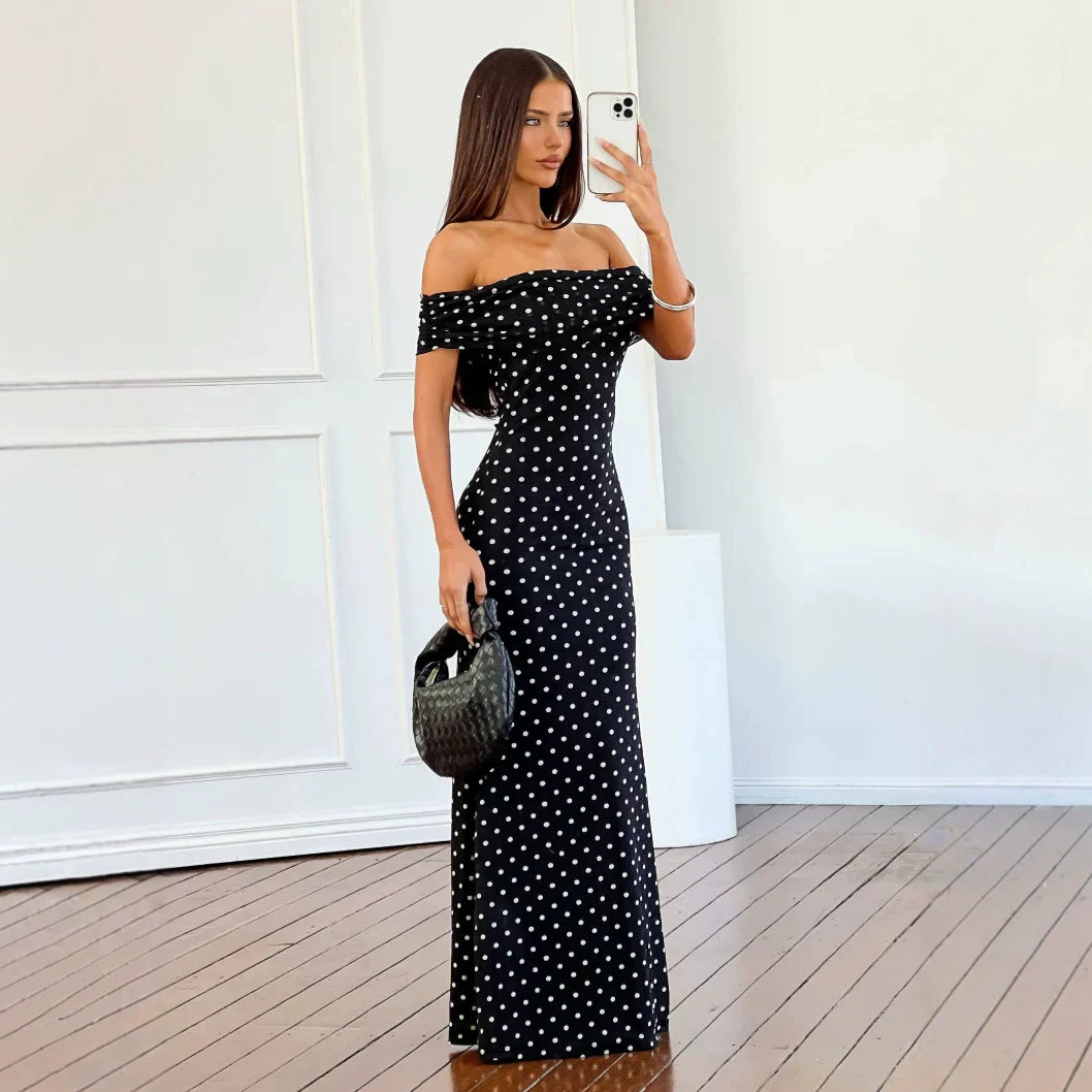 Sexy Sleeveless Mesh Dress With Polka Dots And Boat Neck, Casual Style In Polyester Fabric