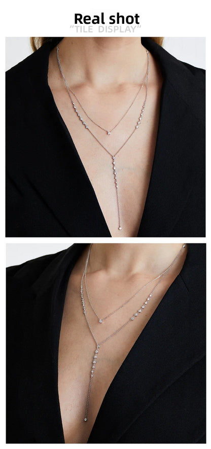 Silver Tassel Layered Necklace For Women Featuring Alloy Material And Rhinestone Inlay With Cable Chain