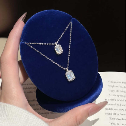 Square 925 Sterling Silver Pendant With Moissanite Inlay, Simple Style Chain For Women