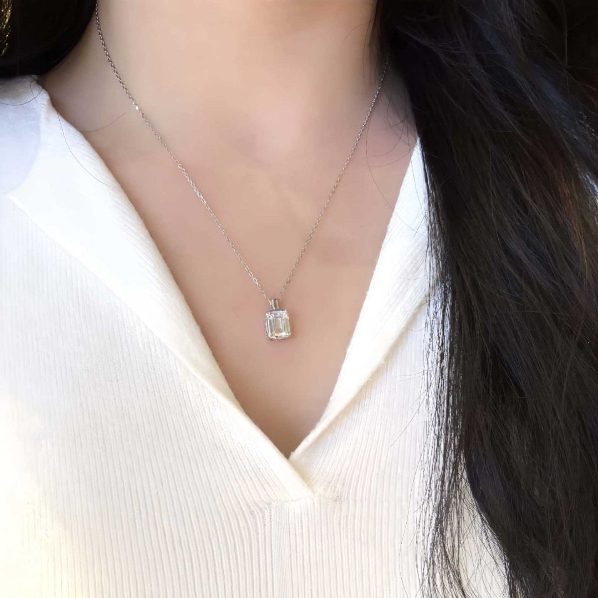 Square 925 Sterling Silver Pendant With Moissanite Inlay, Simple Style Chain For Women