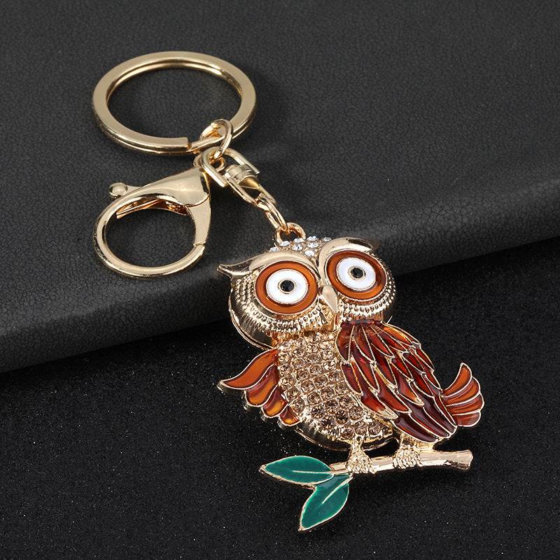 New Year Owl Key Chain In Coffer Color With Rhinestone Inlay, Made Of Durable Zinc Alloy