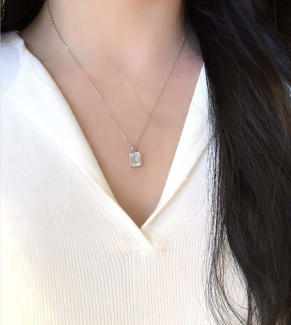 Square 925 Sterling Silver Pendant With Moissanite Inlay, Simple Style Chain For Women