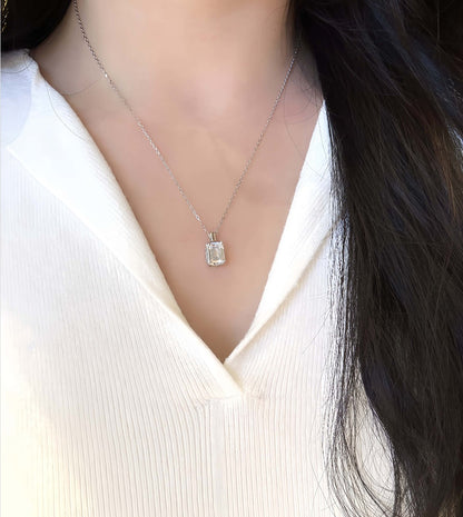Square 925 Sterling Silver Pendant With Moissanite Inlay, Simple Style Chain For Women