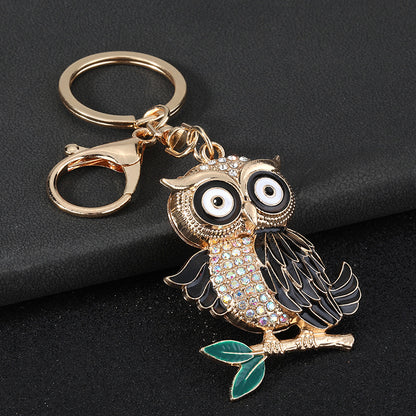 New Year Owl Key Chain In Coffer Color With Rhinestone Inlay, Made Of Durable Zinc Alloy
