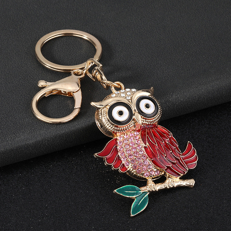 New Year Owl Key Chain In Coffer Color With Rhinestone Inlay, Made Of Durable Zinc Alloy