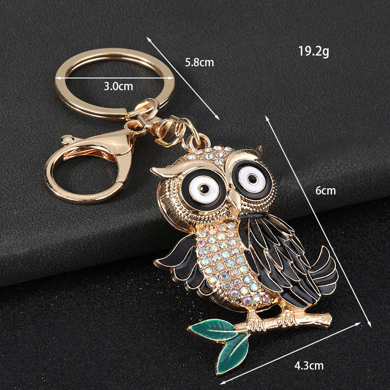 New Year Owl Key Chain In Coffer Color With Rhinestone Inlay, Made Of Durable Zinc Alloy