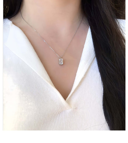 Square 925 Sterling Silver Pendant With Moissanite Inlay, Simple Style Chain For Women