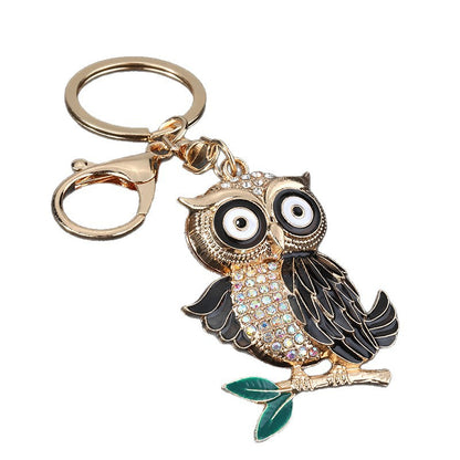 New Year Owl Key Chain In Coffer Color With Rhinestone Inlay, Made Of Durable Zinc Alloy