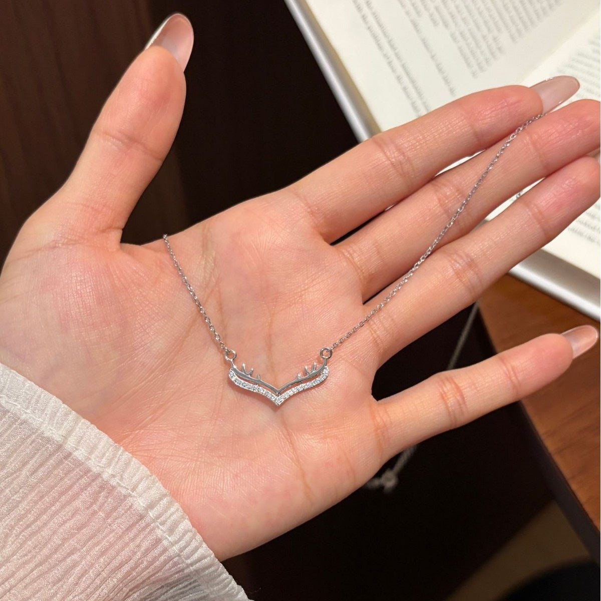 Antlers Pendant In 925 Sterling Silver With Moissanite Inlay, Featuring 925 Sterling Silver Chain, For Women, Silver Color