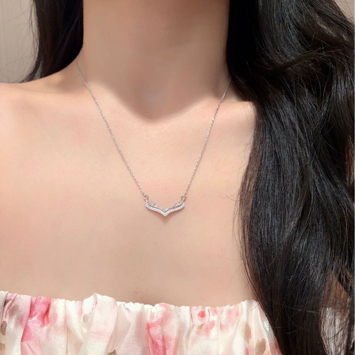 Antlers Pendant In 925 Sterling Silver With Moissanite Inlay, Featuring 925 Sterling Silver Chain, For Women, Silver Color