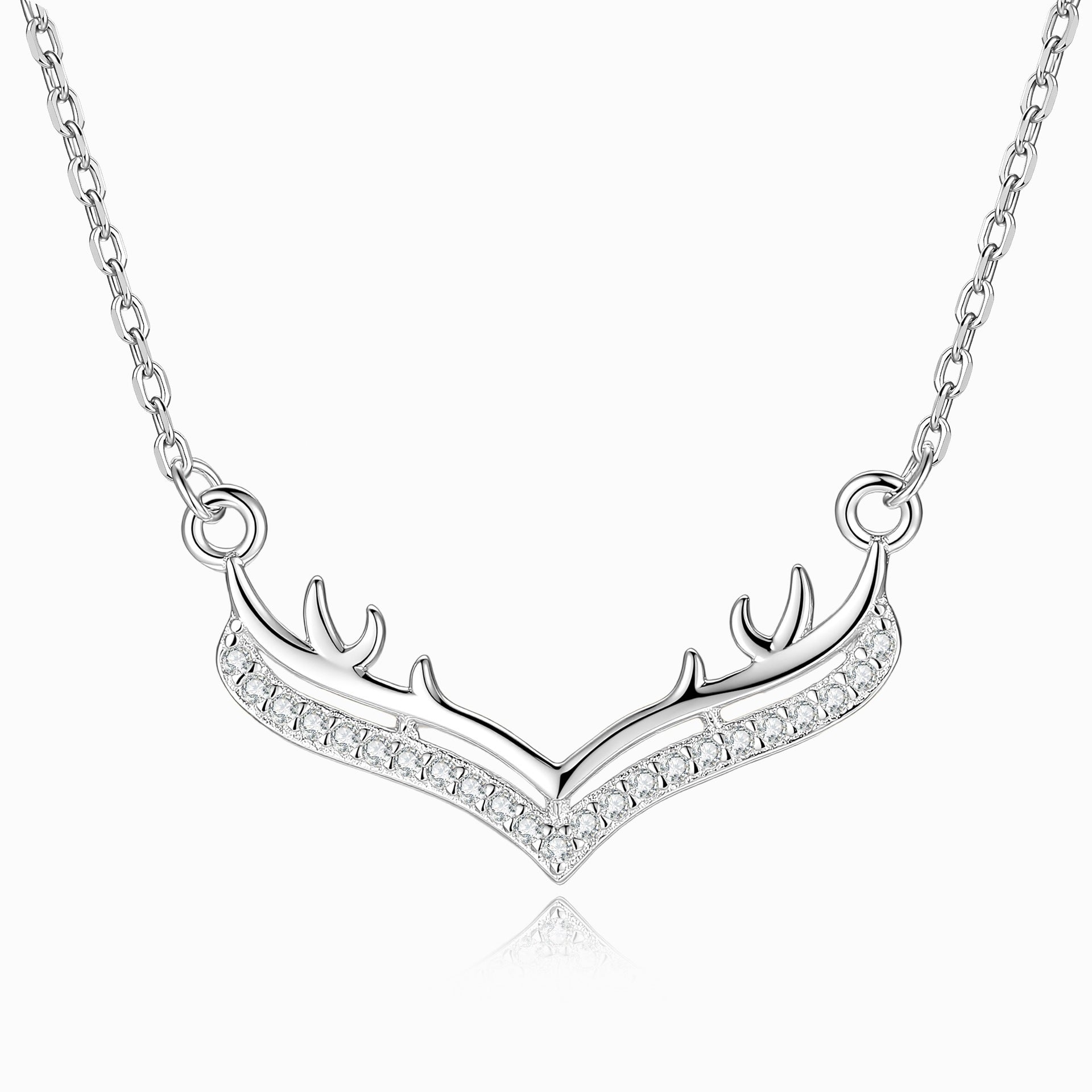 Antlers Pendant In 925 Sterling Silver With Moissanite Inlay, Featuring 925 Sterling Silver Chain, For Women, Silver Color