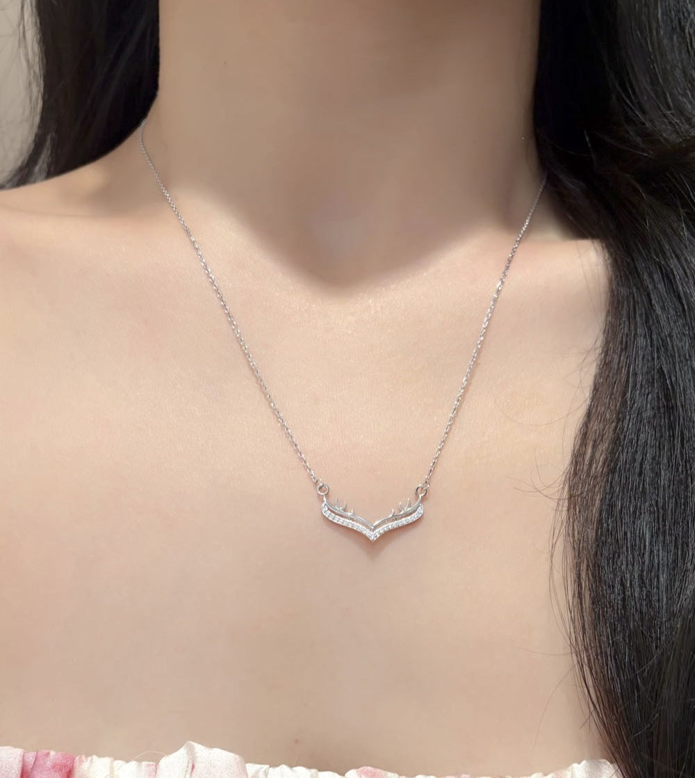 Antlers Pendant In 925 Sterling Silver With Moissanite Inlay, Featuring 925 Sterling Silver Chain, For Women, Silver Color