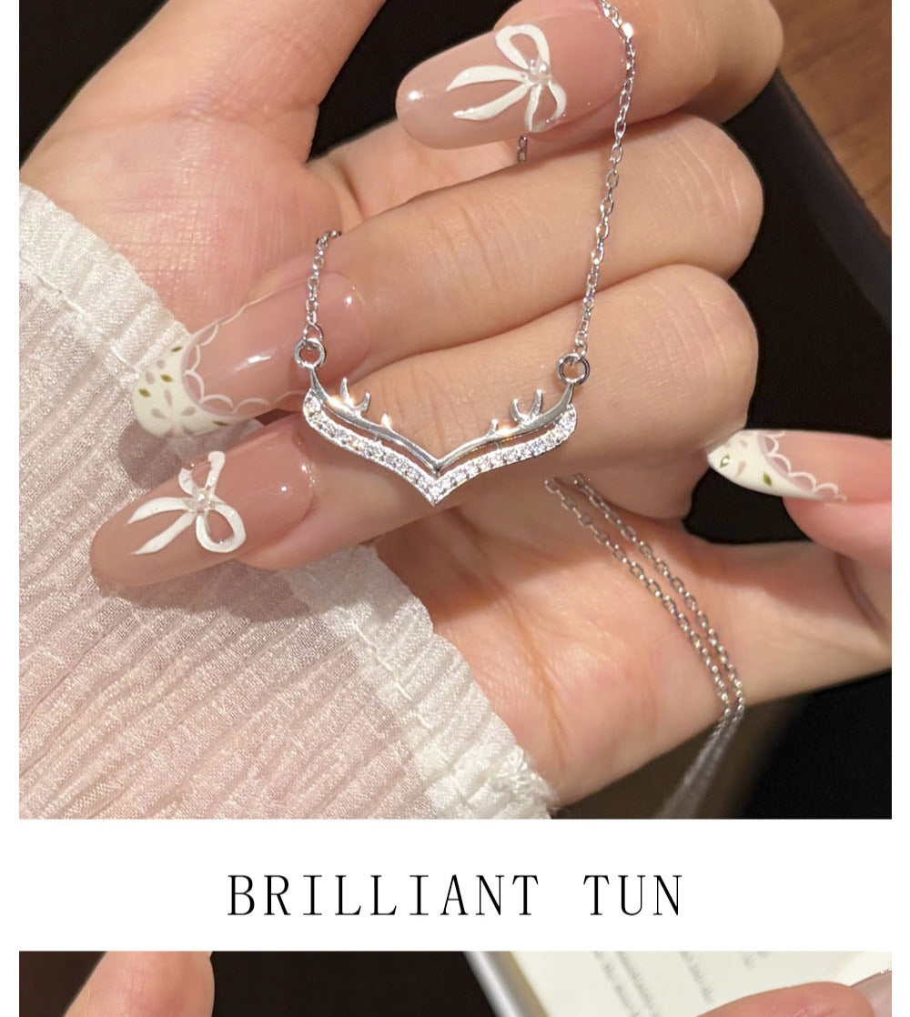 Antlers Pendant In 925 Sterling Silver With Moissanite Inlay, Featuring 925 Sterling Silver Chain, For Women, Silver Color