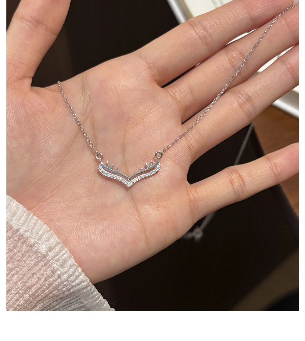 Antlers Pendant In 925 Sterling Silver With Moissanite Inlay, Featuring 925 Sterling Silver Chain, For Women, Silver Color