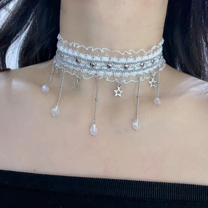 Punk Style White Star Tassel Choker Necklace For Women Featuring Copper Pendant Material