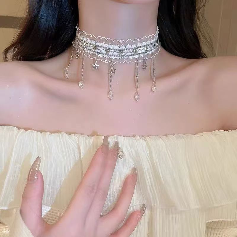 Punk Style White Star Tassel Choker Necklace For Women Featuring Copper Pendant Material