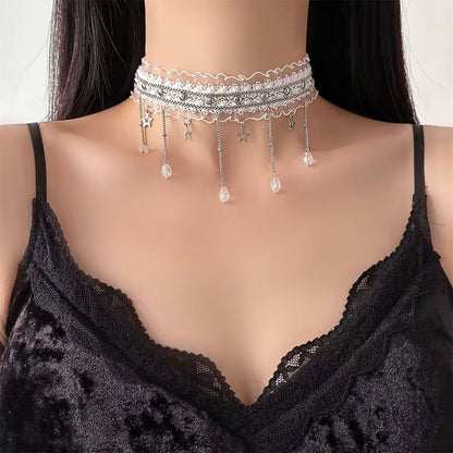 Punk Style White Star Tassel Choker Necklace For Women Featuring Copper Pendant Material