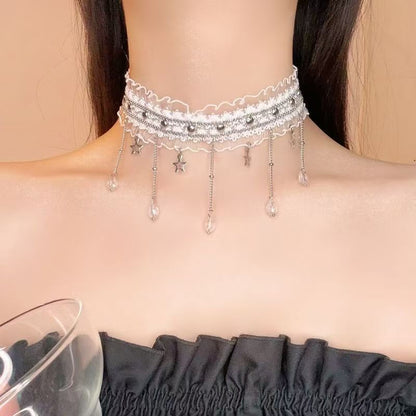 Punk Style White Star Tassel Choker Necklace For Women Featuring Copper Pendant Material