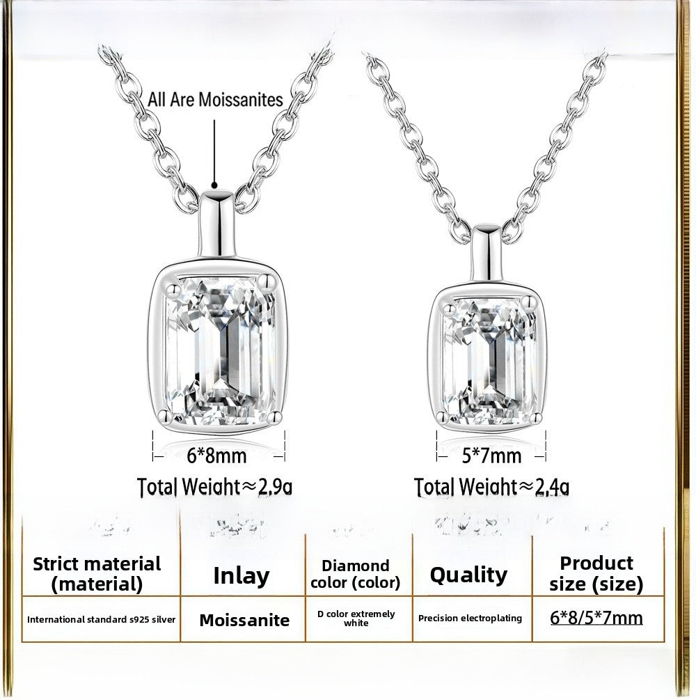 Square 925 Sterling Silver Pendant With Moissanite Inlay, Simple Style Chain For Women