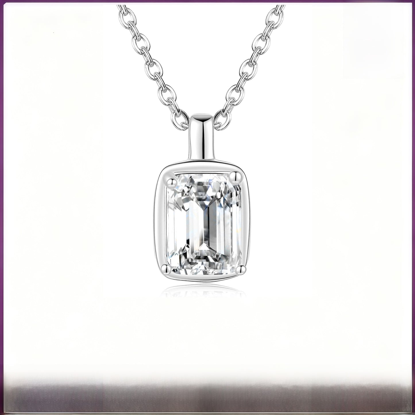 Square 925 Sterling Silver Pendant With Moissanite Inlay, Simple Style Chain For Women
