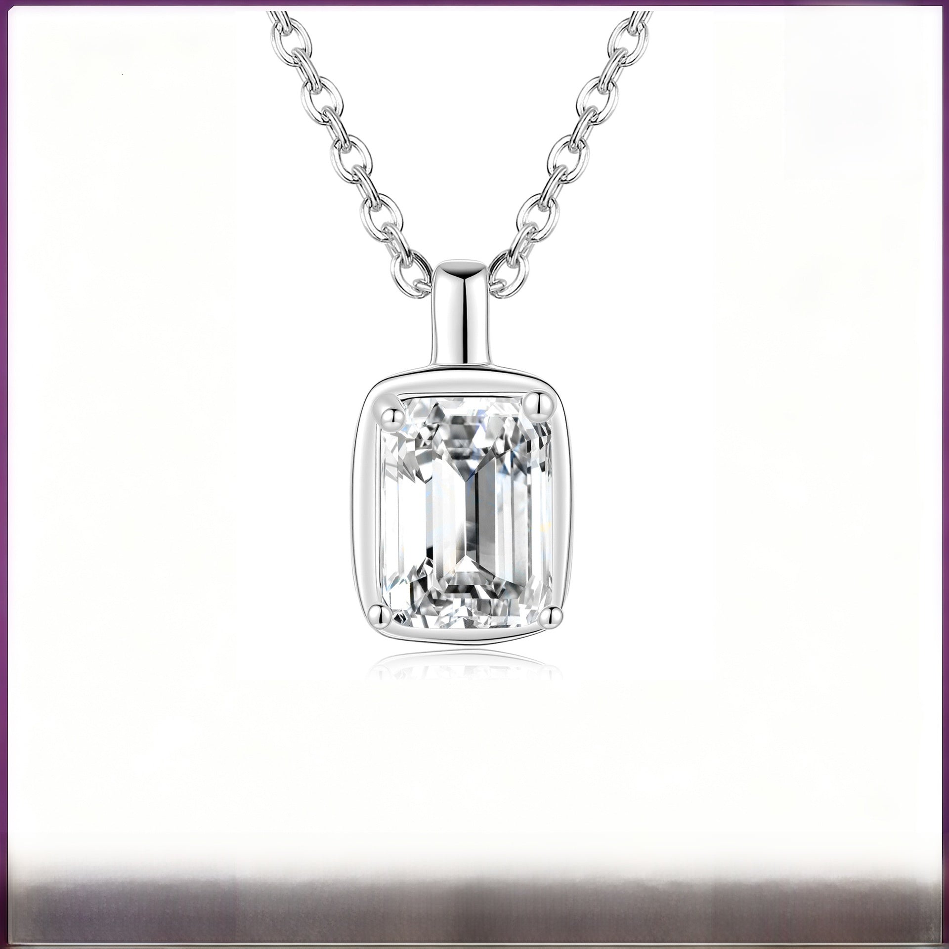 Square 925 Sterling Silver Pendant With Moissanite Inlay, Simple Style Chain For Women