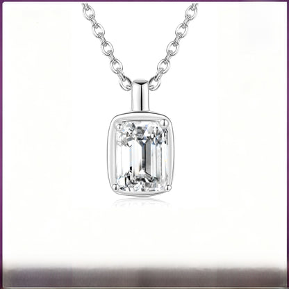 Square 925 Sterling Silver Pendant With Moissanite Inlay, Simple Style Chain For Women