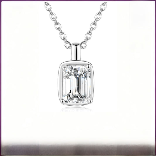 Square 925 Sterling Silver Pendant With Moissanite Inlay, Simple Style Chain For Women