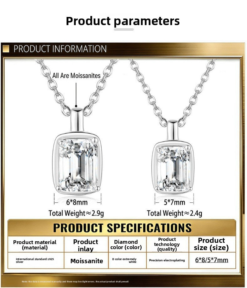 Square 925 Sterling Silver Pendant With Moissanite Inlay, Simple Style Chain For Women