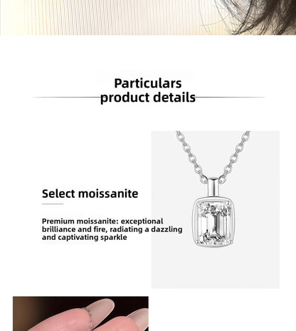 Square 925 Sterling Silver Pendant With Moissanite Inlay, Simple Style Chain For Women