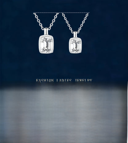 Square 925 Sterling Silver Pendant With Moissanite Inlay, Simple Style Chain For Women