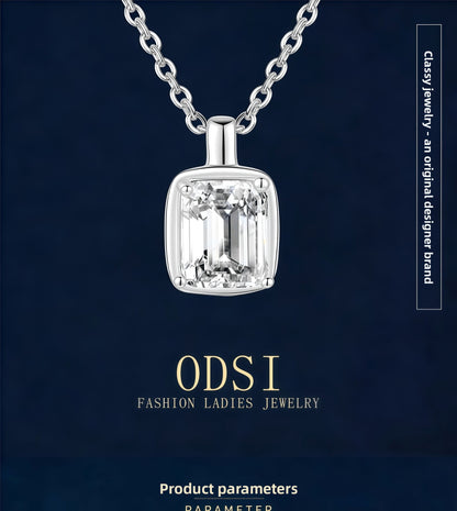 Square 925 Sterling Silver Pendant With Moissanite Inlay, Simple Style Chain For Women