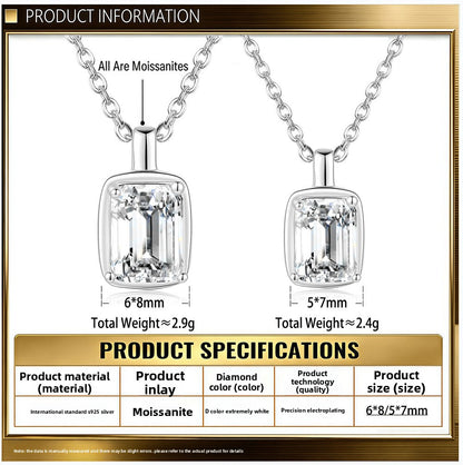 Square 925 Sterling Silver Pendant With Moissanite Inlay, Simple Style Chain For Women