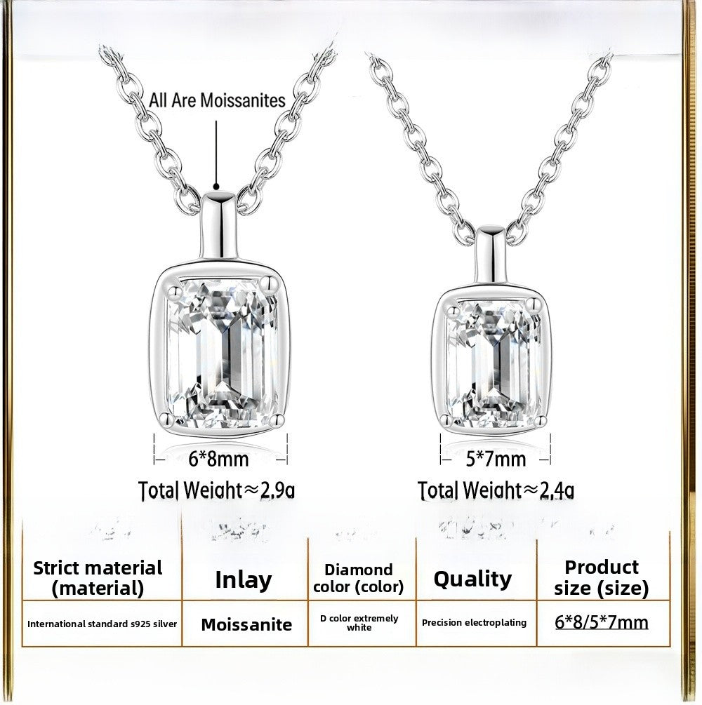 Square 925 Sterling Silver Pendant With Moissanite Inlay, Simple Style Chain For Women