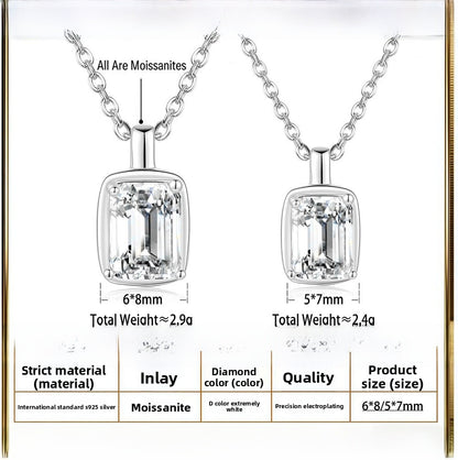 Square 925 Sterling Silver Pendant With Moissanite Inlay, Simple Style Chain For Women
