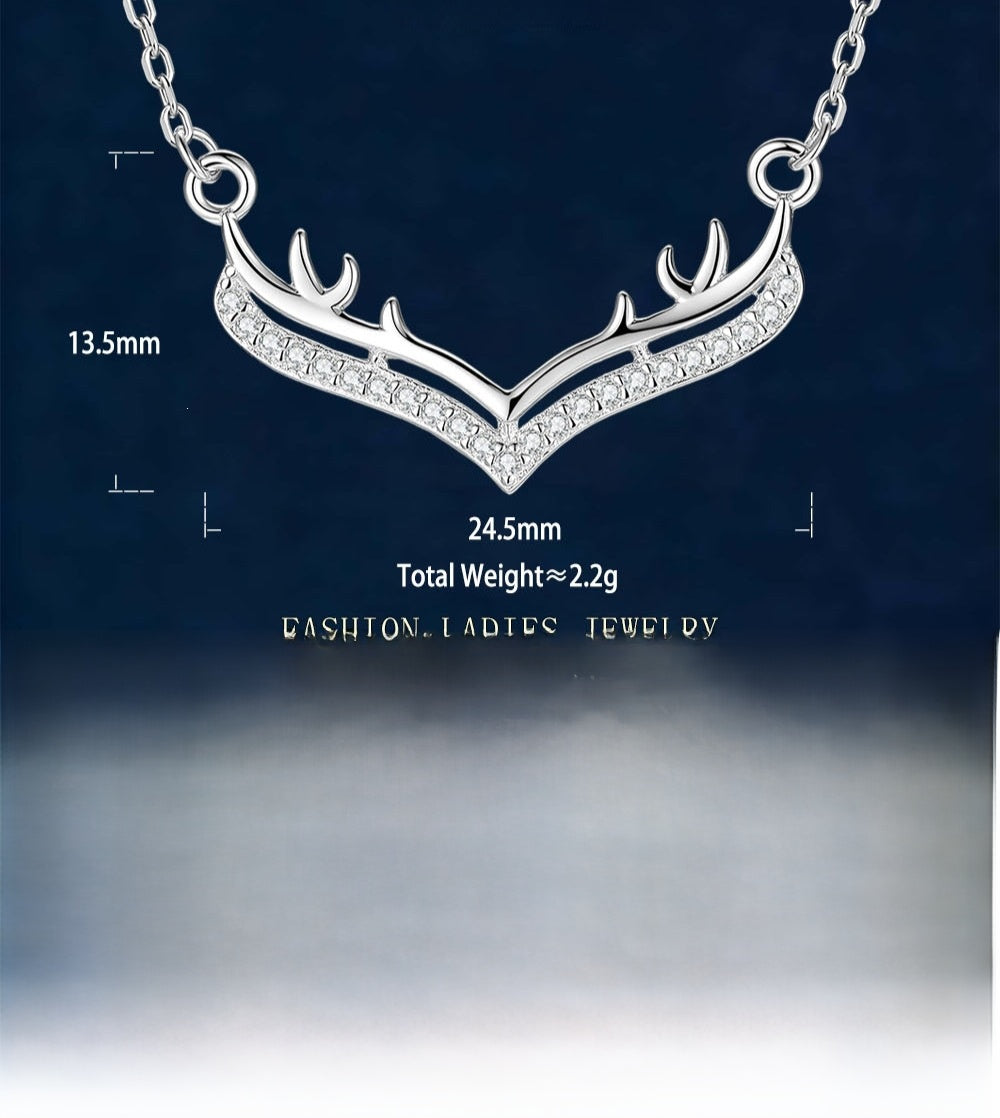 Antlers Pendant In 925 Sterling Silver With Moissanite Inlay, Featuring 925 Sterling Silver Chain, For Women, Silver Color