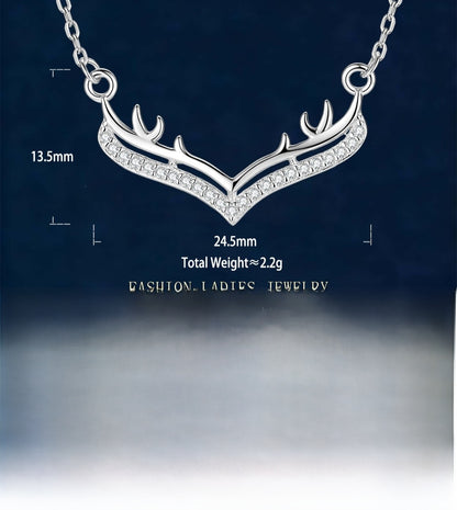 Antlers Pendant In 925 Sterling Silver With Moissanite Inlay, Featuring 925 Sterling Silver Chain, For Women, Silver Color
