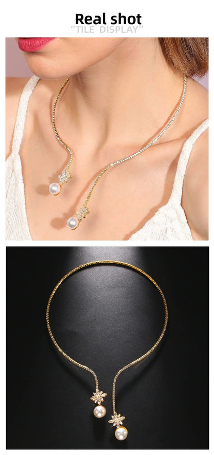 Pearl Choker Necklace For Women In Silver Alloy With Rhinestones And Zircon Inlay