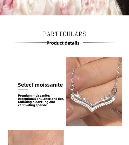 Antlers Pendant In 925 Sterling Silver With Moissanite Inlay, Featuring 925 Sterling Silver Chain, For Women, Silver Color