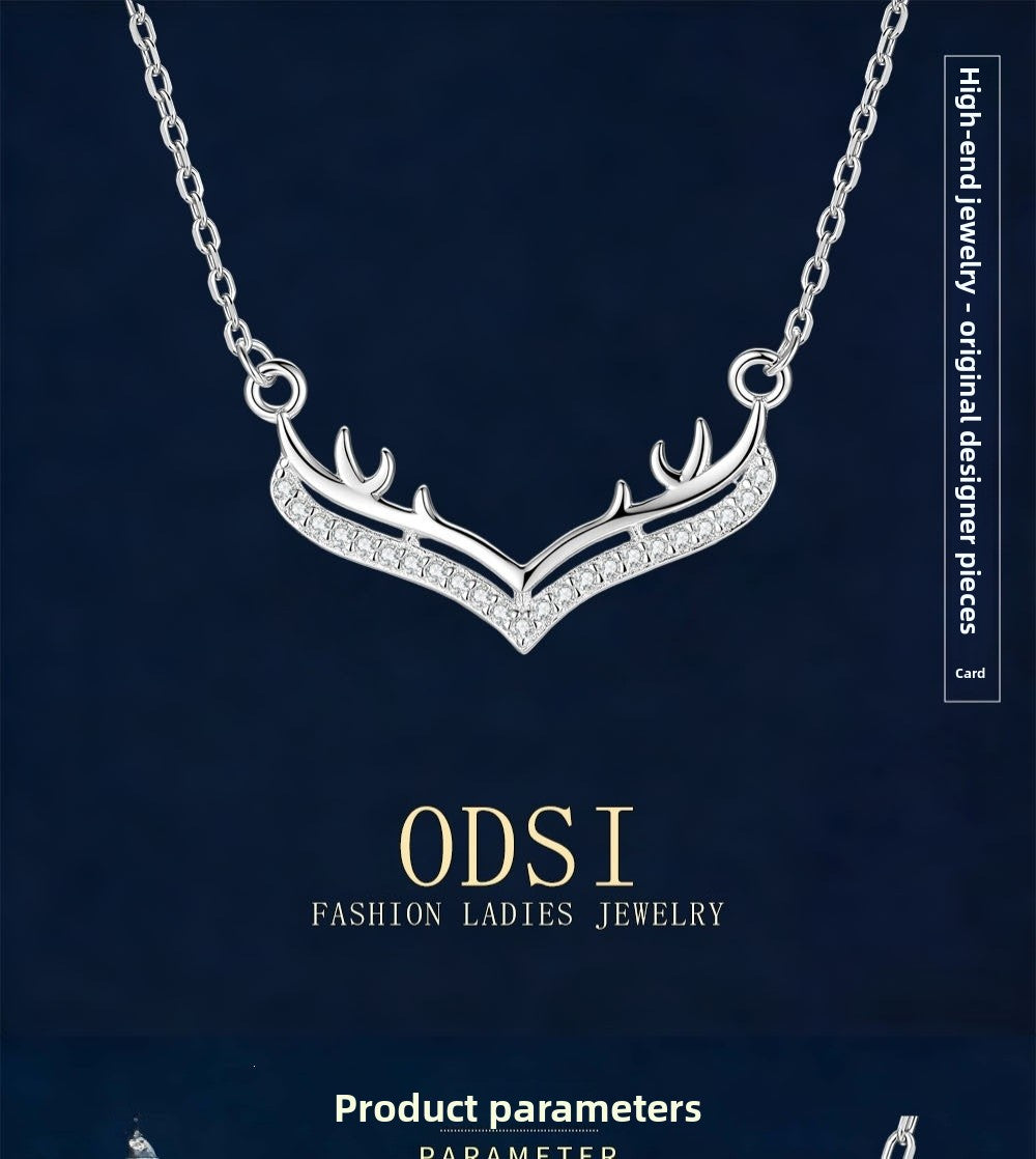 Antlers Pendant In 925 Sterling Silver With Moissanite Inlay, Featuring 925 Sterling Silver Chain, For Women, Silver Color