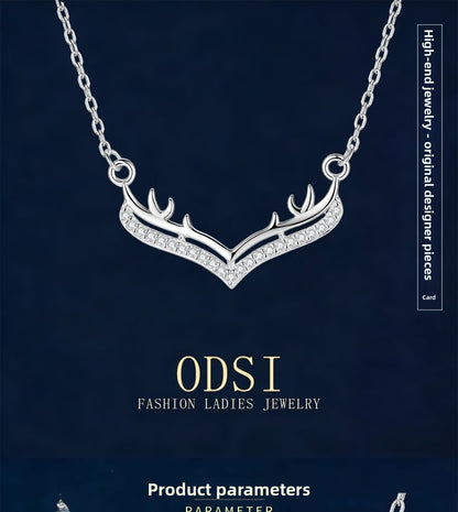 Antlers Pendant In 925 Sterling Silver With Moissanite Inlay, Featuring 925 Sterling Silver Chain, For Women, Silver Color