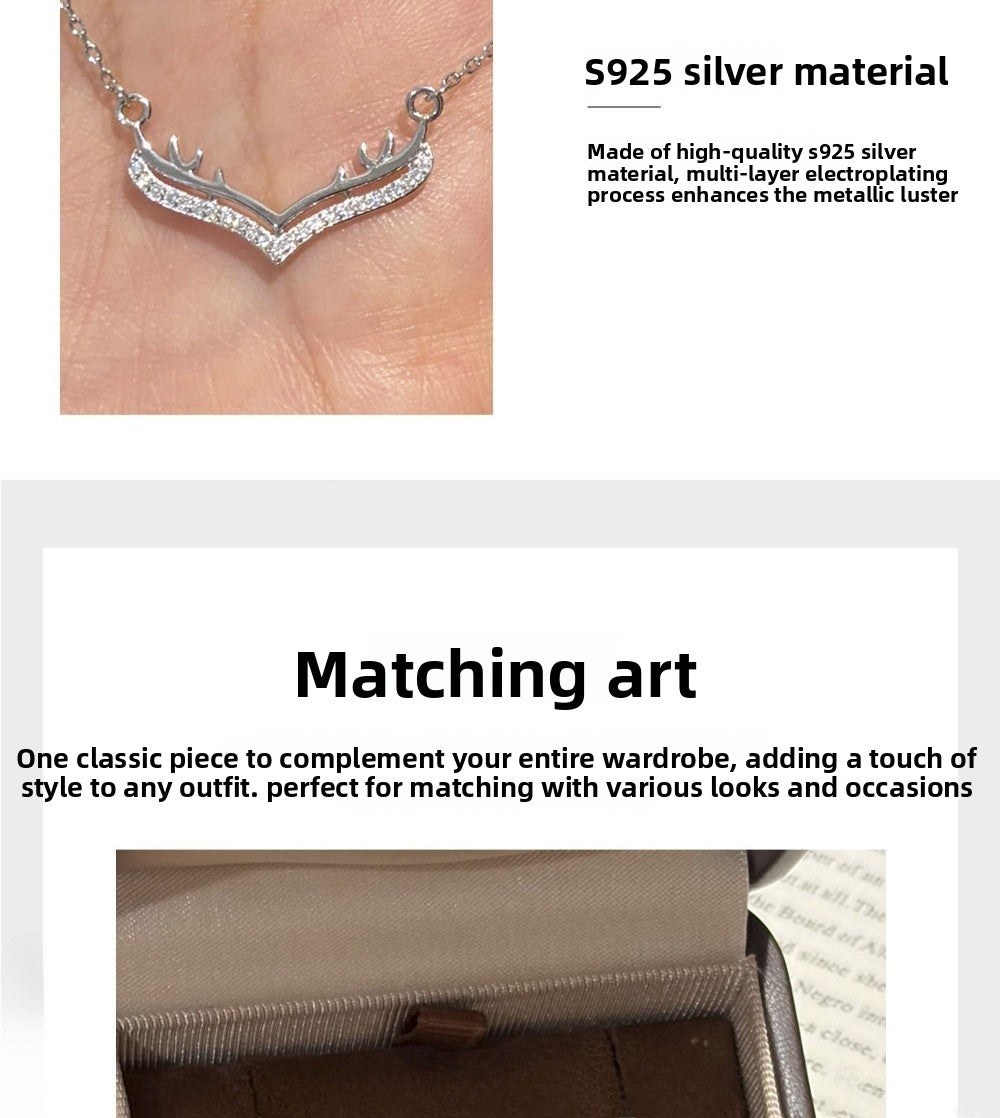 Antlers Pendant In 925 Sterling Silver With Moissanite Inlay, Featuring 925 Sterling Silver Chain, For Women, Silver Color