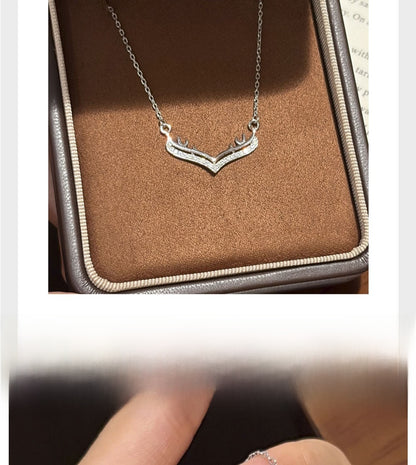 Antlers Pendant In 925 Sterling Silver With Moissanite Inlay, Featuring 925 Sterling Silver Chain, For Women, Silver Color