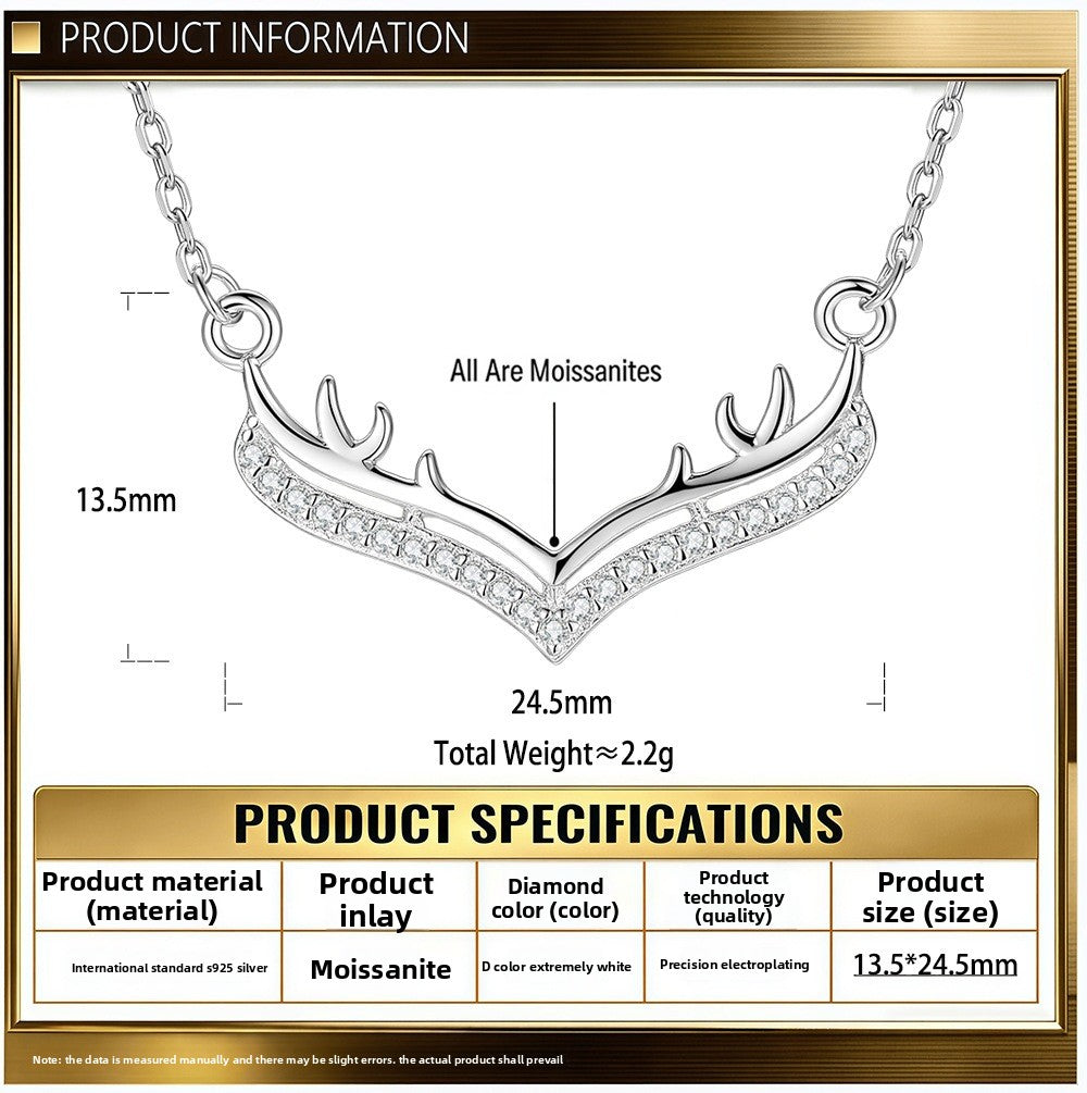 Antlers Pendant In 925 Sterling Silver With Moissanite Inlay, Featuring 925 Sterling Silver Chain, For Women, Silver Color
