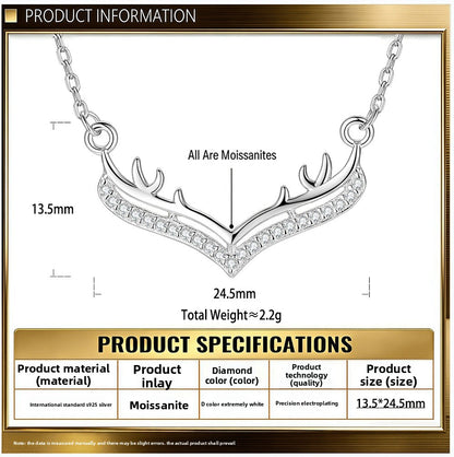 Antlers Pendant In 925 Sterling Silver With Moissanite Inlay, Featuring 925 Sterling Silver Chain, For Women, Silver Color