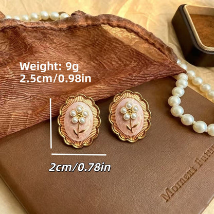Natural Pink Enamel Flowers Stud Earrings For Unisex Featuring 925 Sterling Silver Ear Pins And Zinc Alloy Material